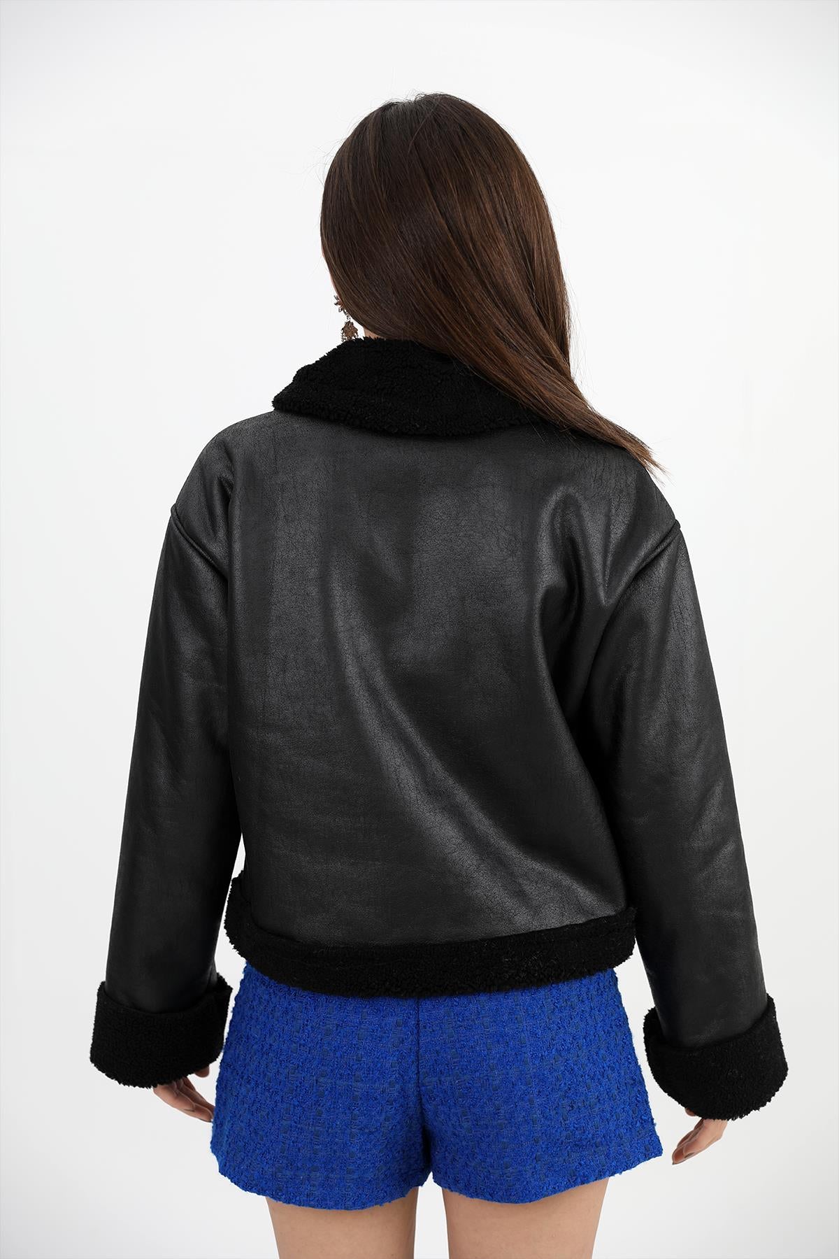 Women's Coat Sleeve Folded Suede Plush - Black-Black - STREETMODE ™
