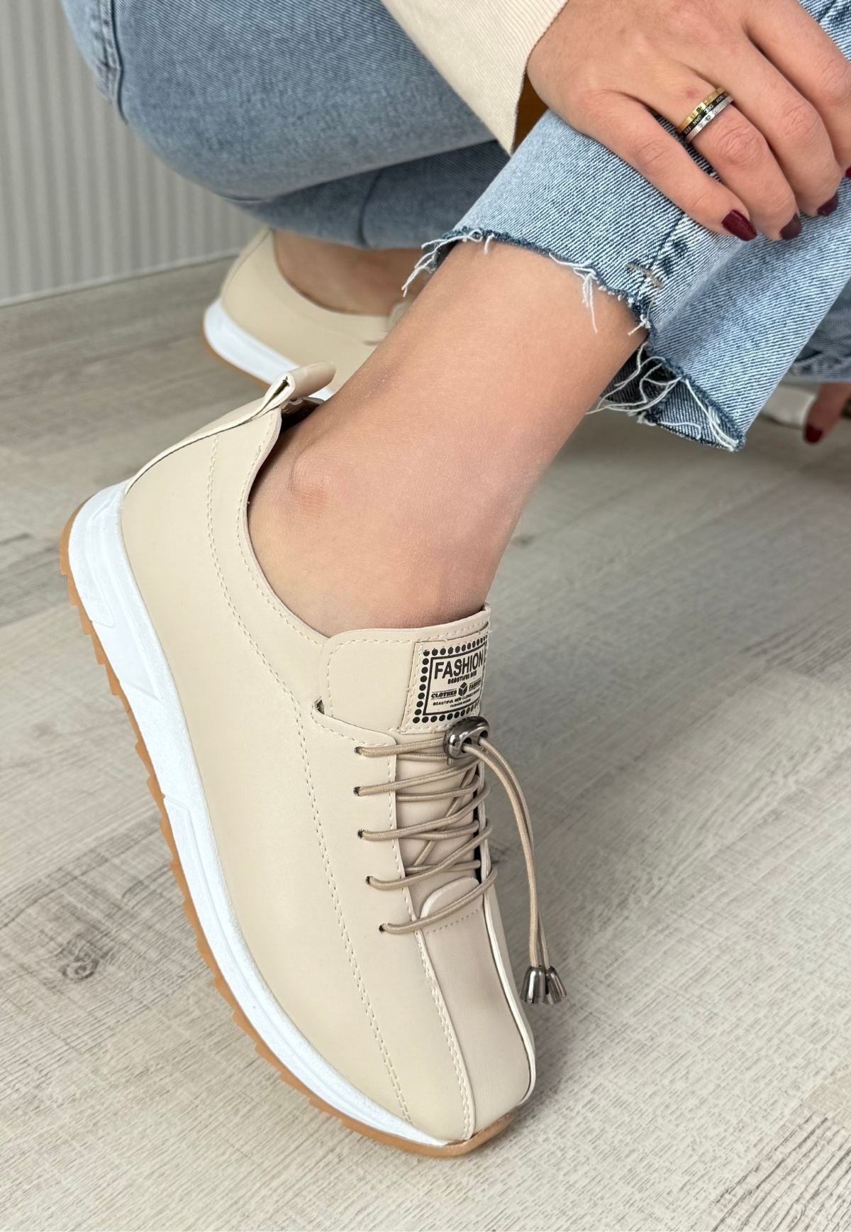 Women's Beige Leather Lace-Up Sneakers