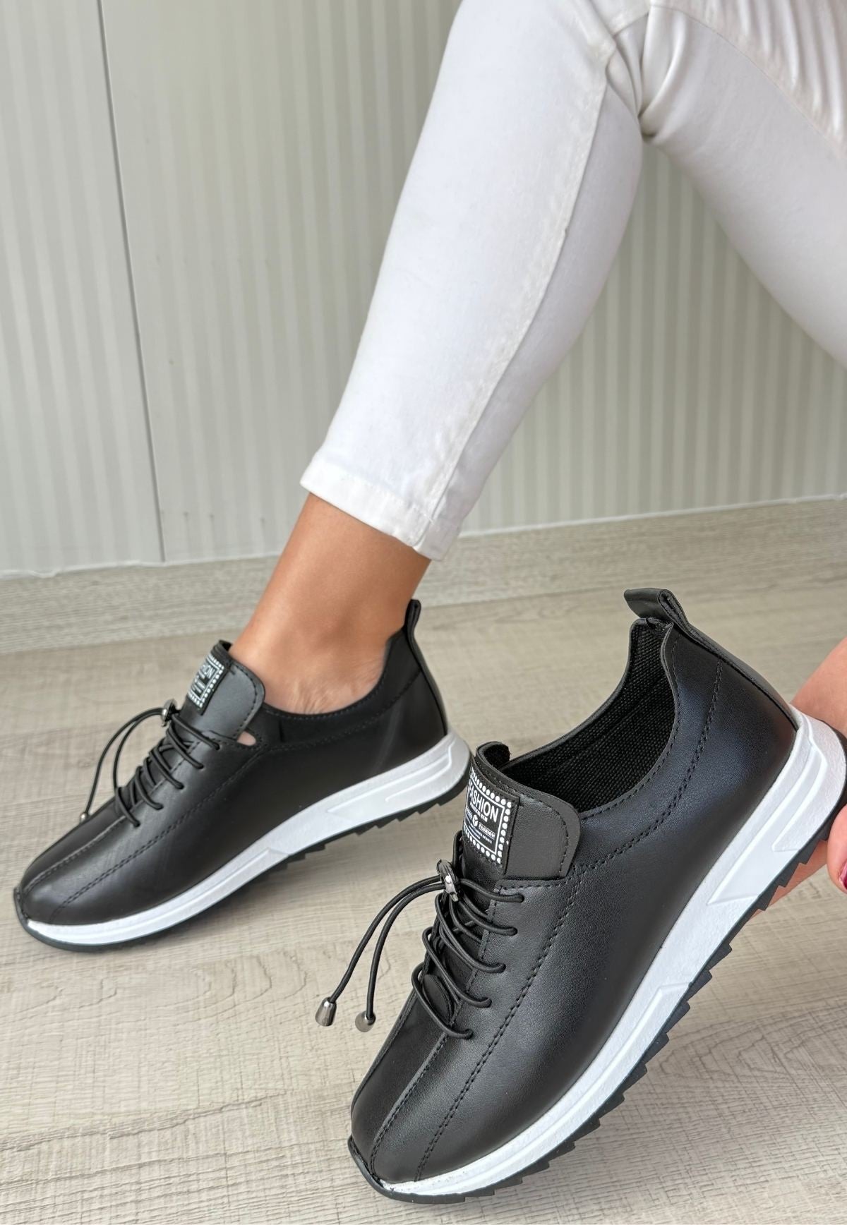 Women's Black Leather Lace-Up Sneakers