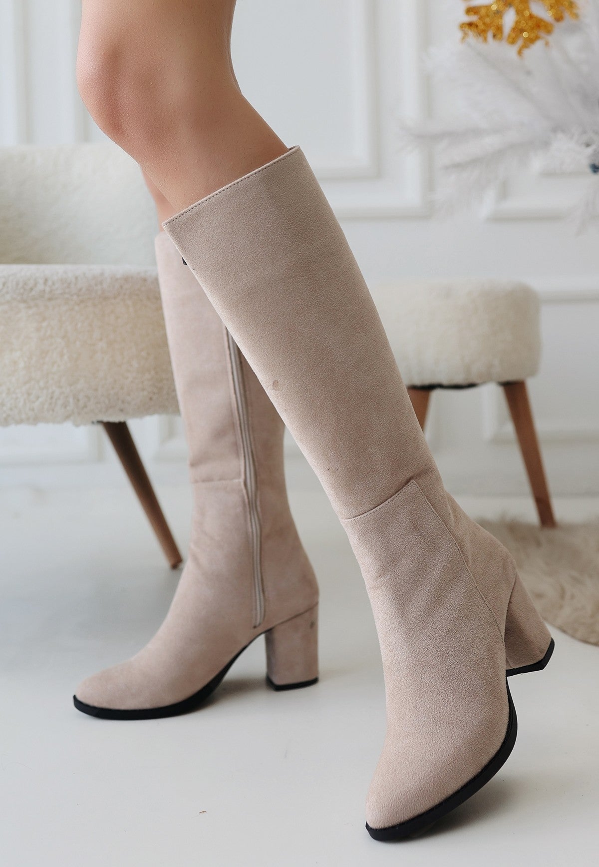 Women's Beige Suede Heeled Boots