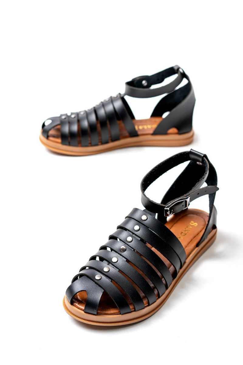 Women's Motali Black Leather Sandals - STREETMODE ™
