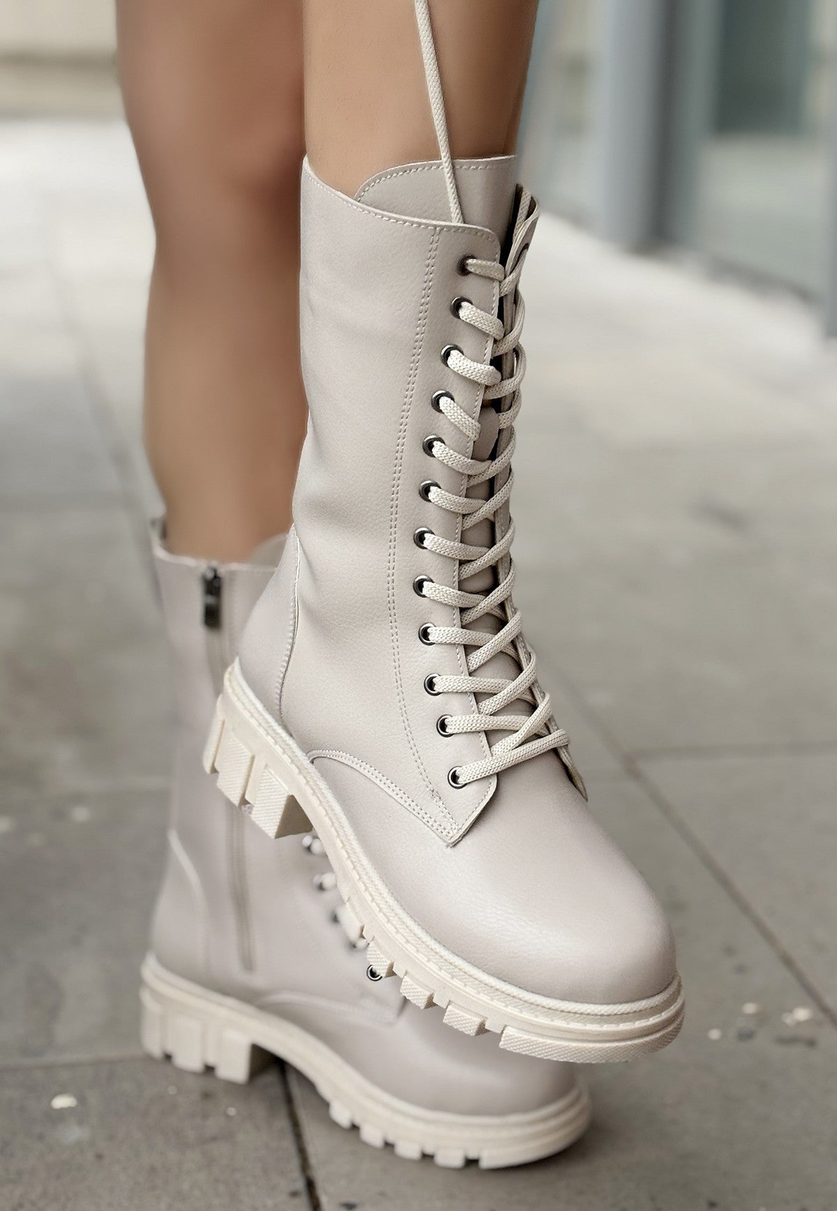 Women's Beige Leather Lace-Up Boots