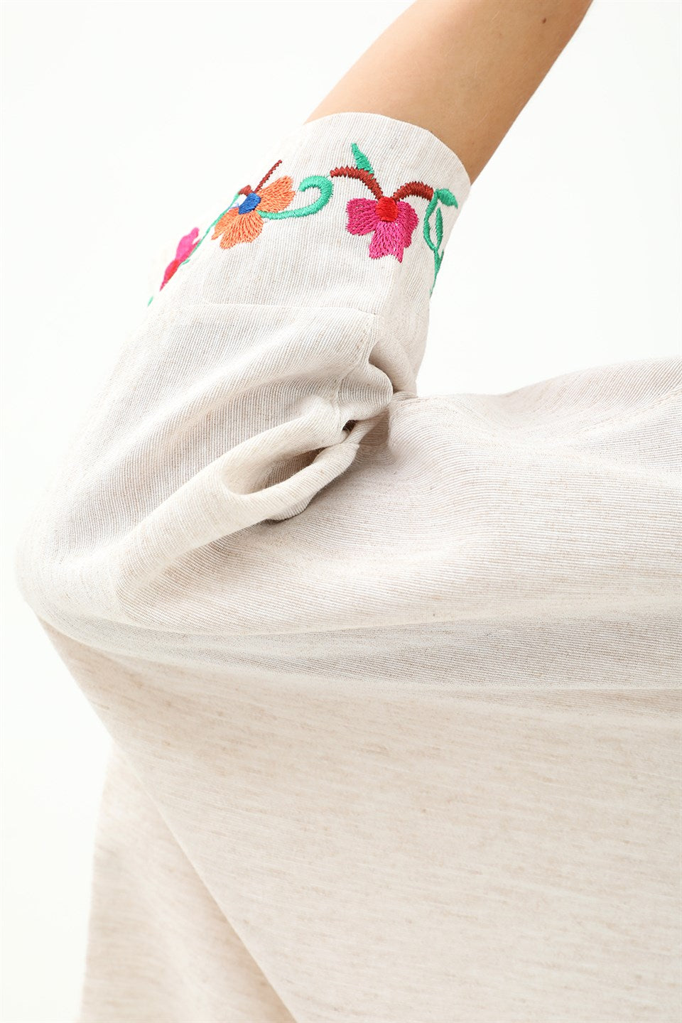 Women's Embroidered Linen Bat Sleeve Shirt - Stone - STREETMODE ™