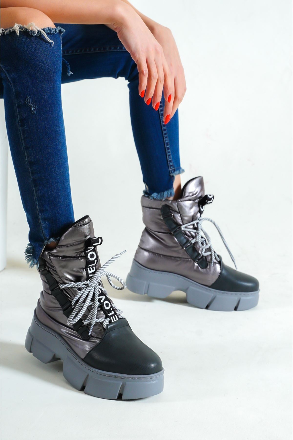 Women's Gray Parachute Material Lace-Up Boots - STREETMODE ™