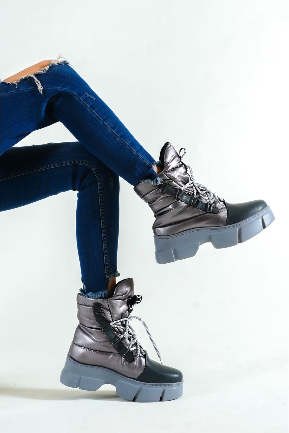 Women's Gray Parachute Material Lace-Up Boots - STREETMODE ™