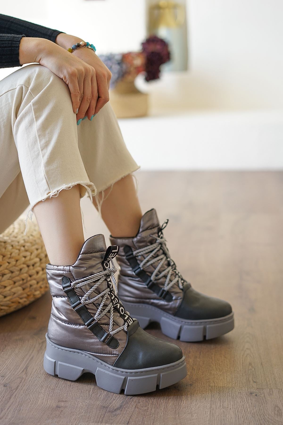 Women's Gray Parachute Material Lace-Up Boots - STREETMODE ™