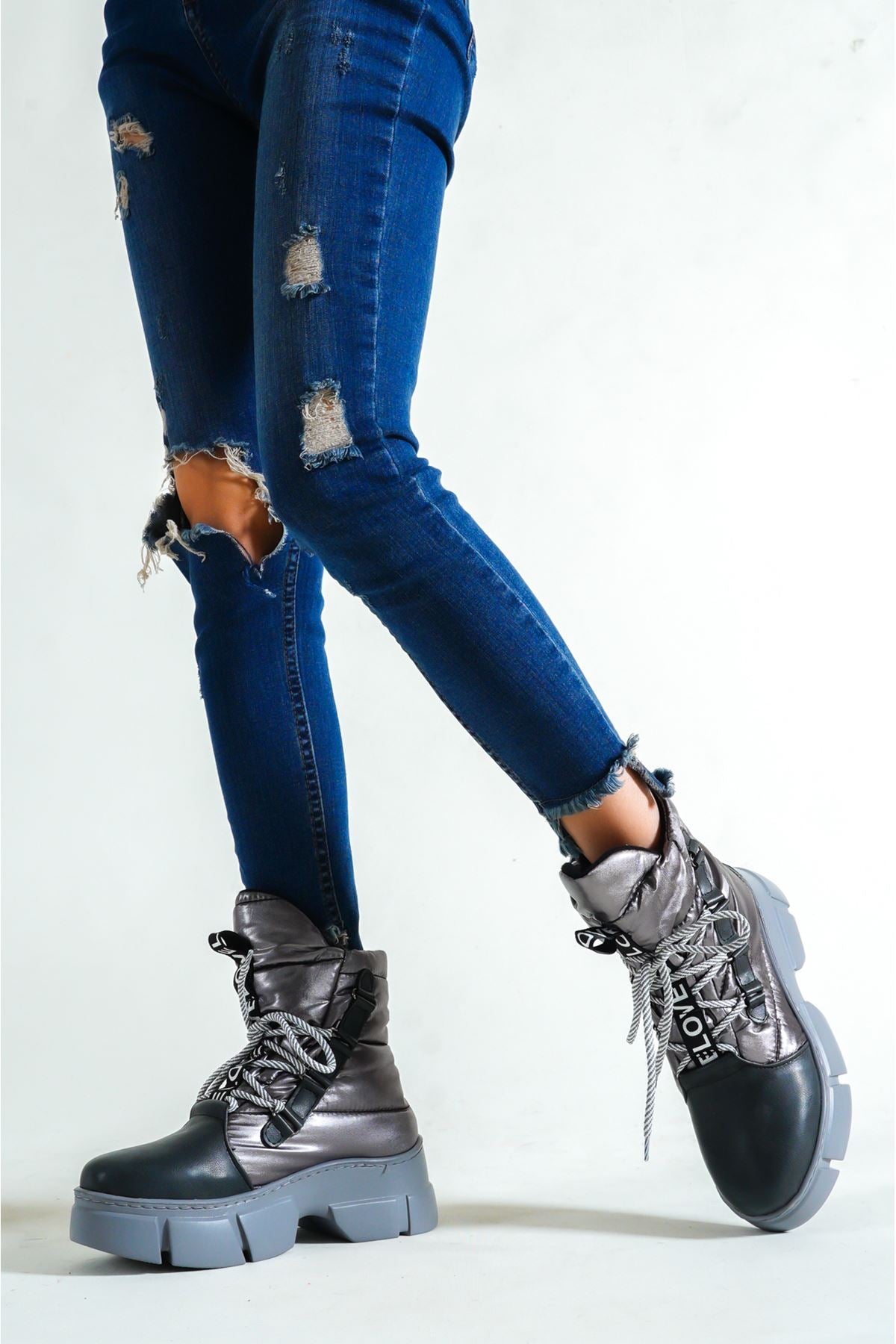 Women's Gray Parachute Material Lace-Up Boots - STREETMODE ™