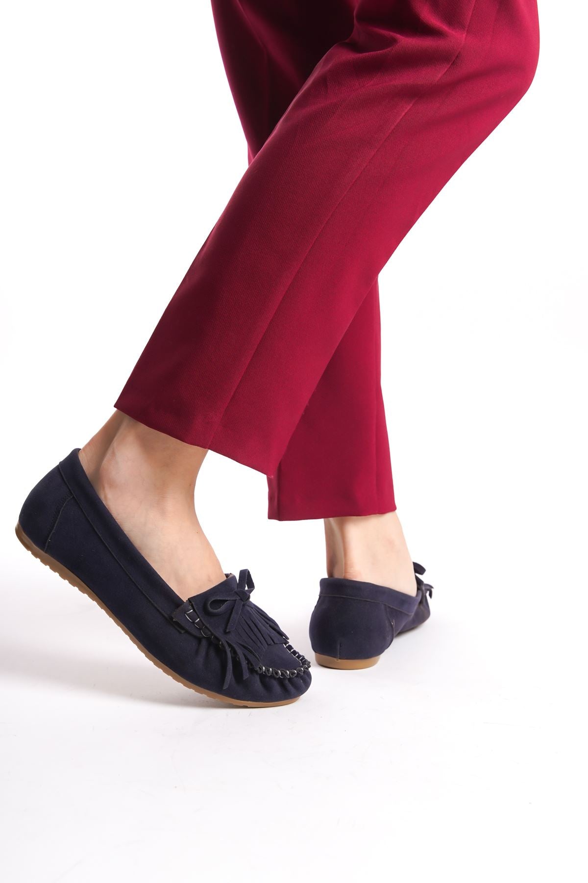 Navy Blue Suede Tasseled Casual Women's Ballerinas