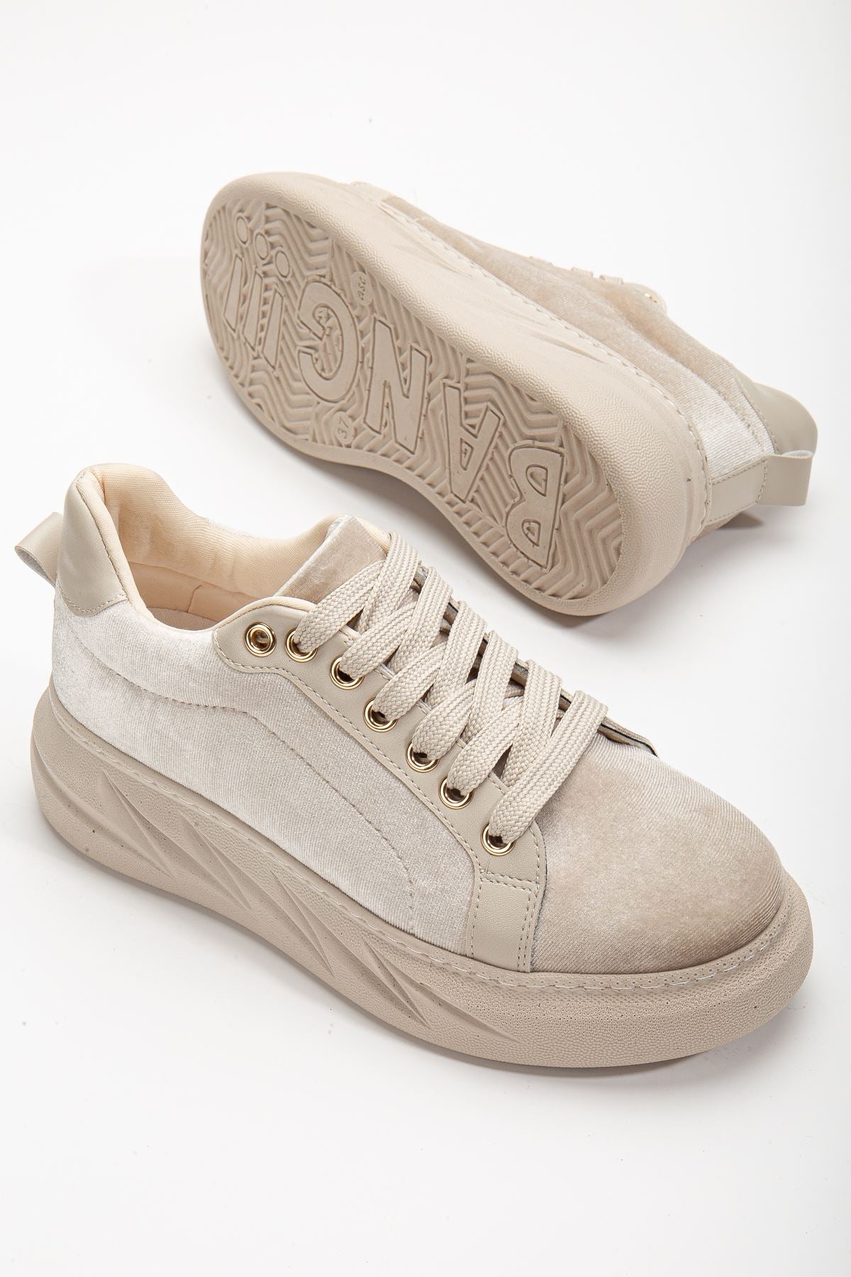 Women's Nerina Cream Velvet Thick Sole Gold Detailed Sneakers - STREETMODE ™