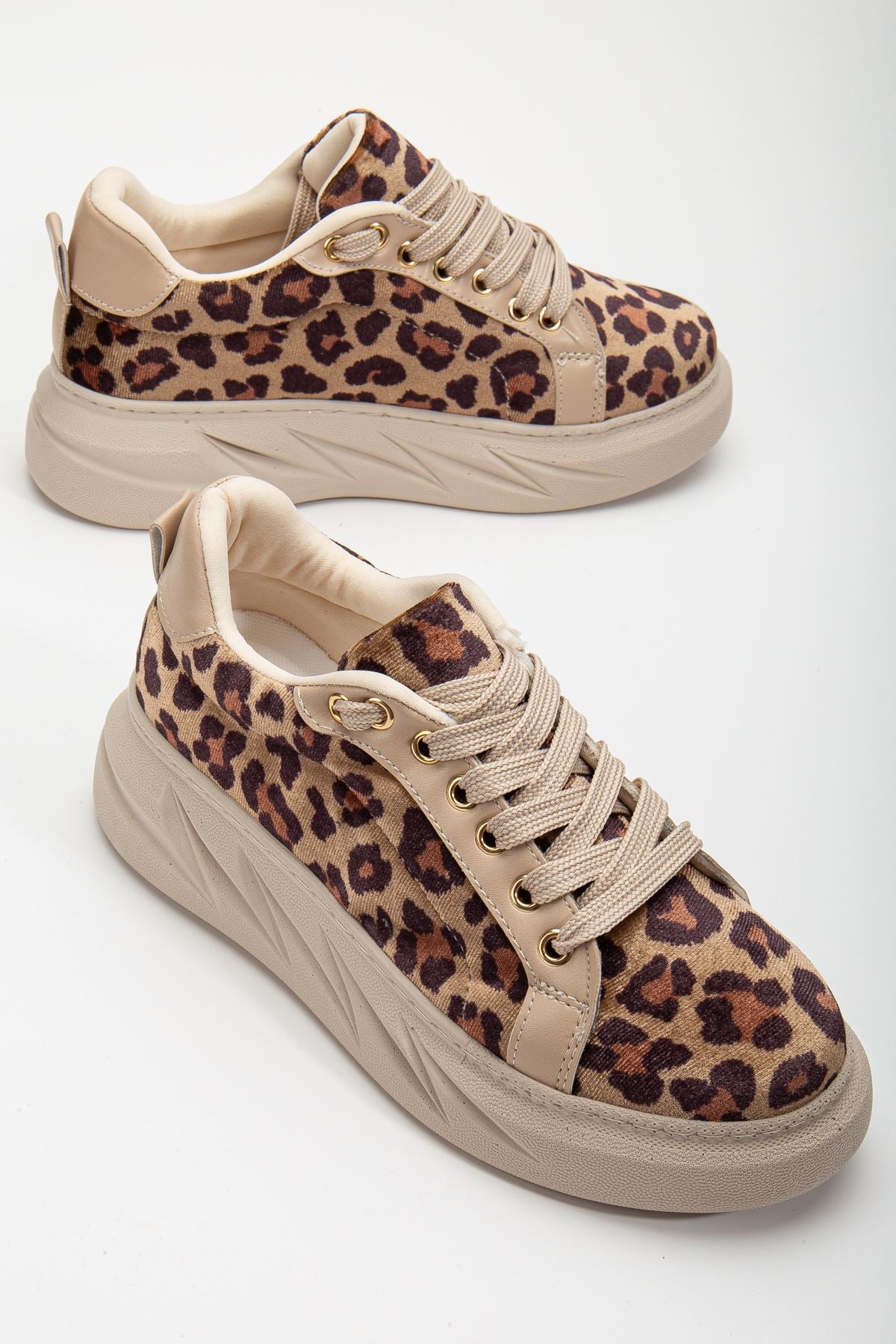 Women's Leopard Velvet Thick Soled Sneakers with Gold Detail