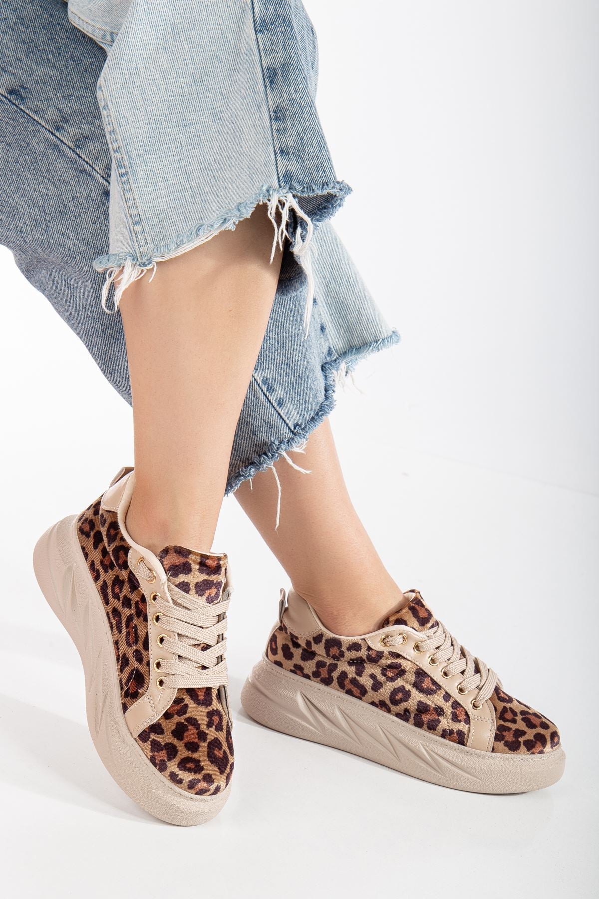 Women's Leopard Velvet Thick Soled Sneakers with Gold Detail - STREETMODE ™