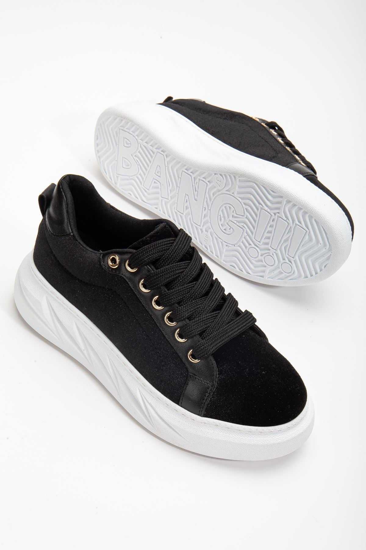 Women's Nerina Black Velvet Thick Sole Gold Detailed Sneakers - STREETMODE ™