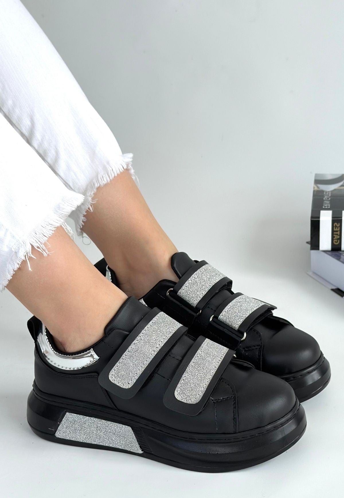 Women's Black Leather Glitter Velcro Sneakers - STREETMODE ™