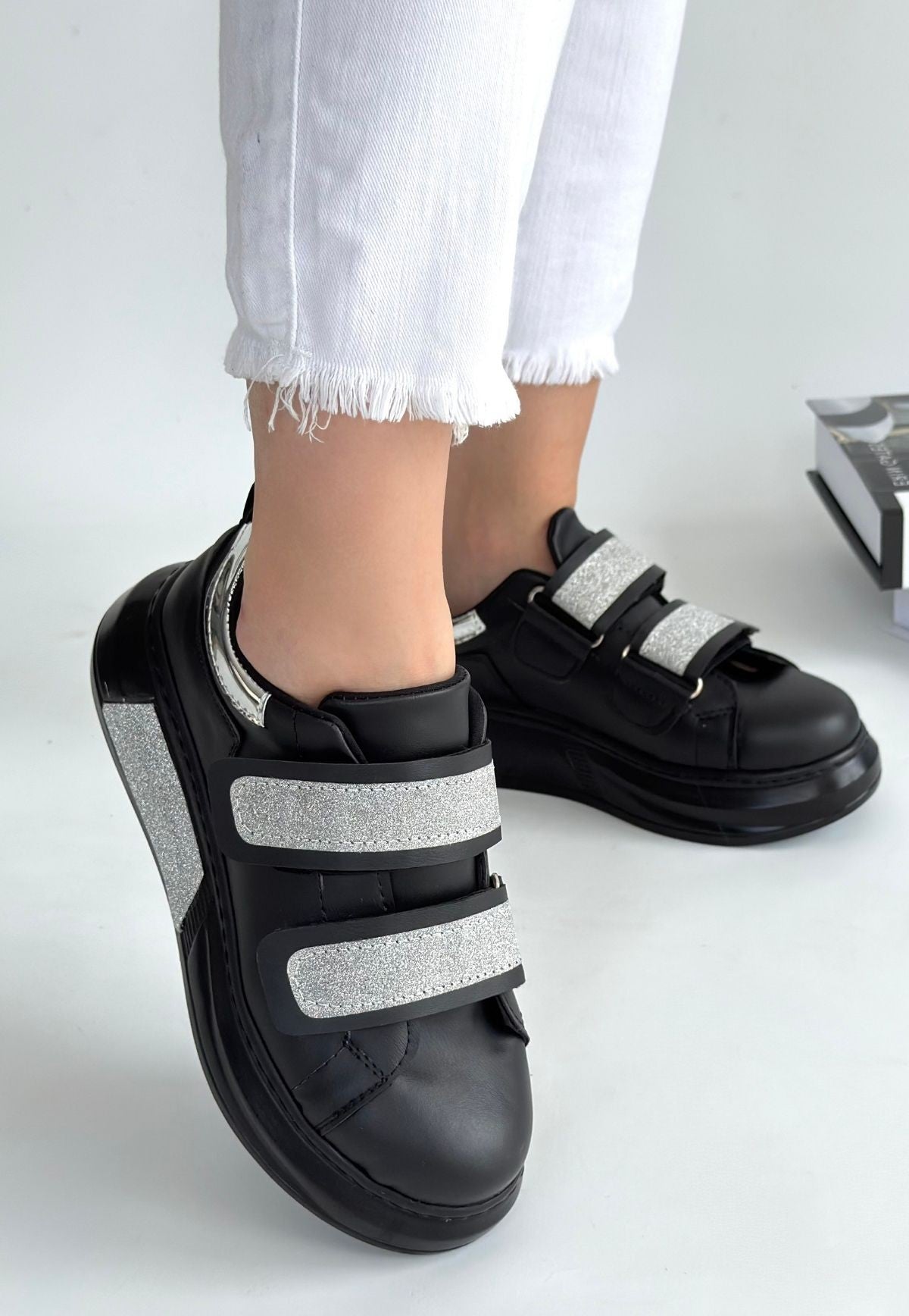 Women's Black Leather Glitter Velcro Sneakers - STREETMODE ™