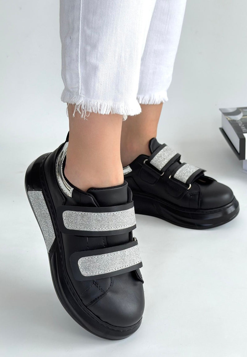 Women's Black Leather Glitter Velcro Sneakers - STREETMODE ™