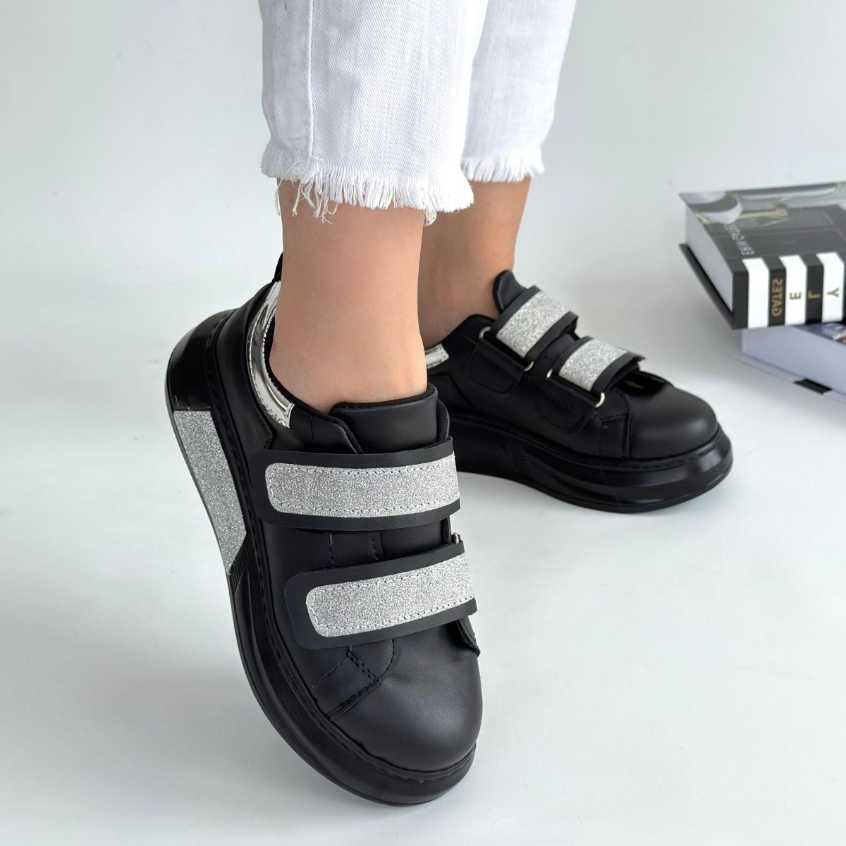 Women's Black Leather Glitter Velcro Sneakers - STREETMODE ™
