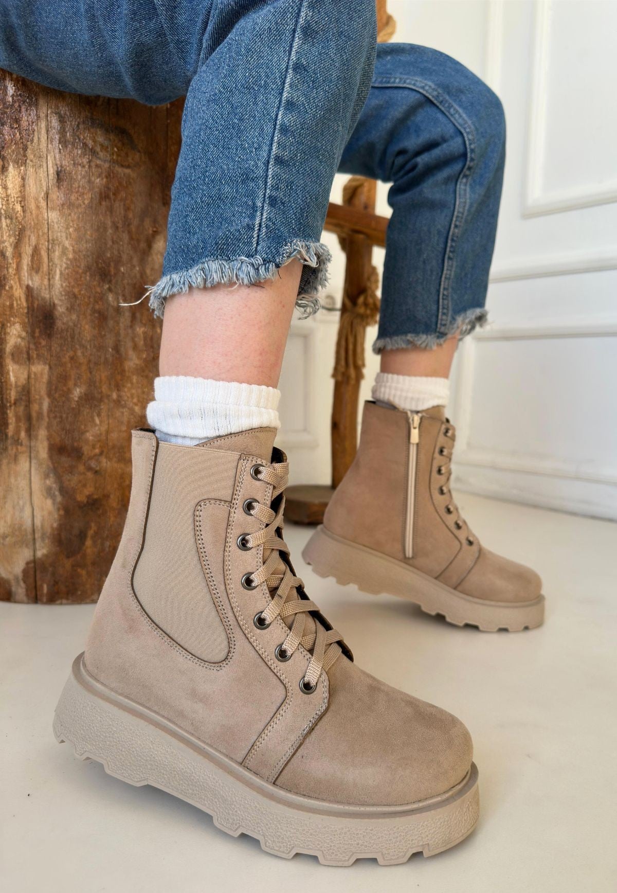 Women's Beige Suede Lace-Up Boots - STREETMODE ™