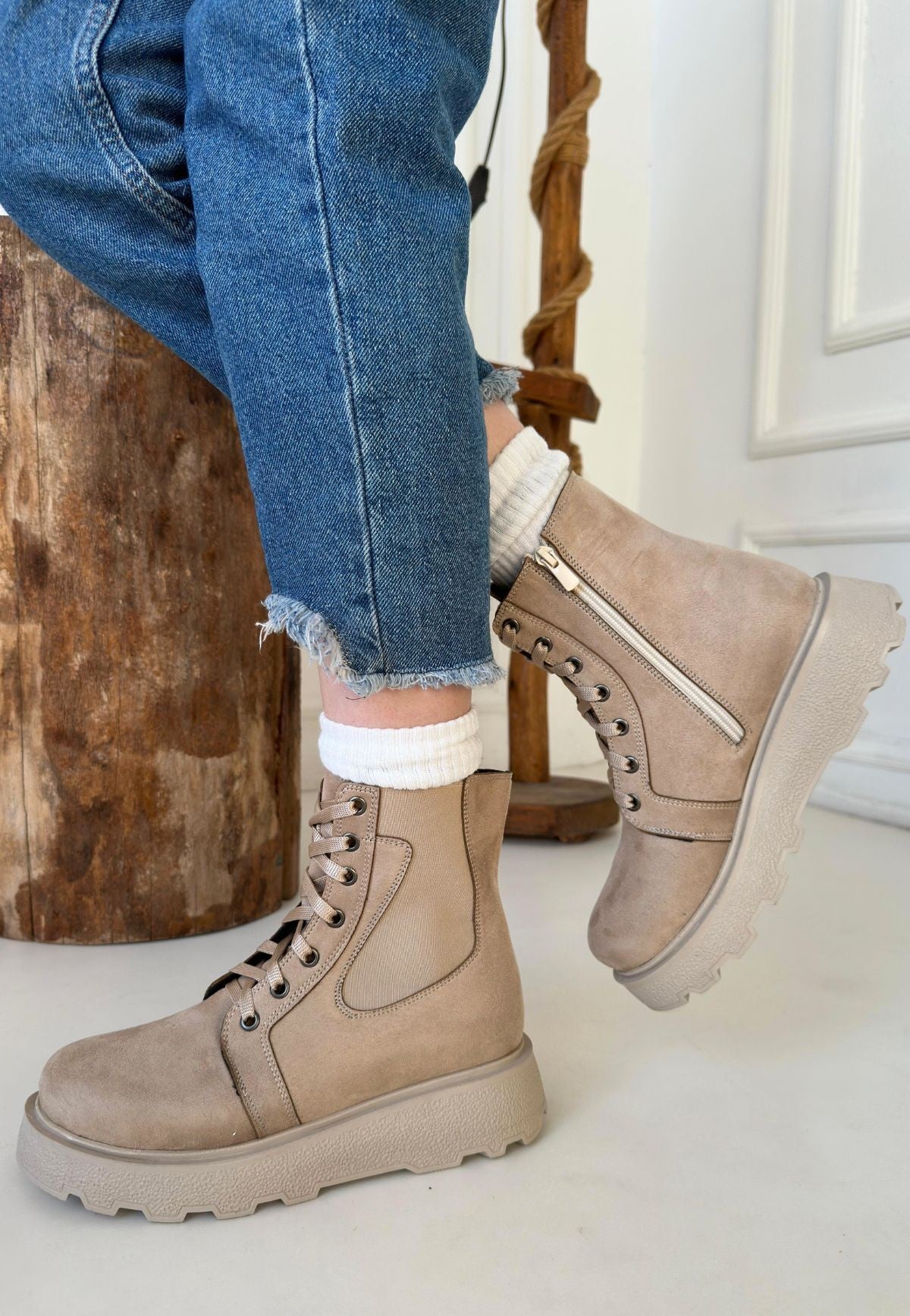 Women's Beige Suede Lace-Up Boots - STREETMODE ™