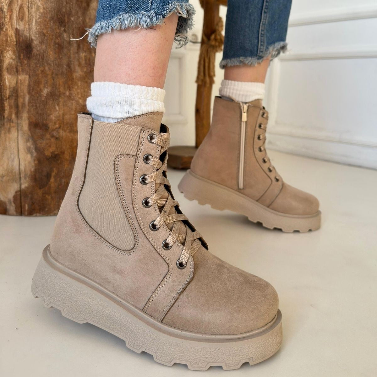 Women's Beige Suede Lace-Up Boots - STREETMODE ™