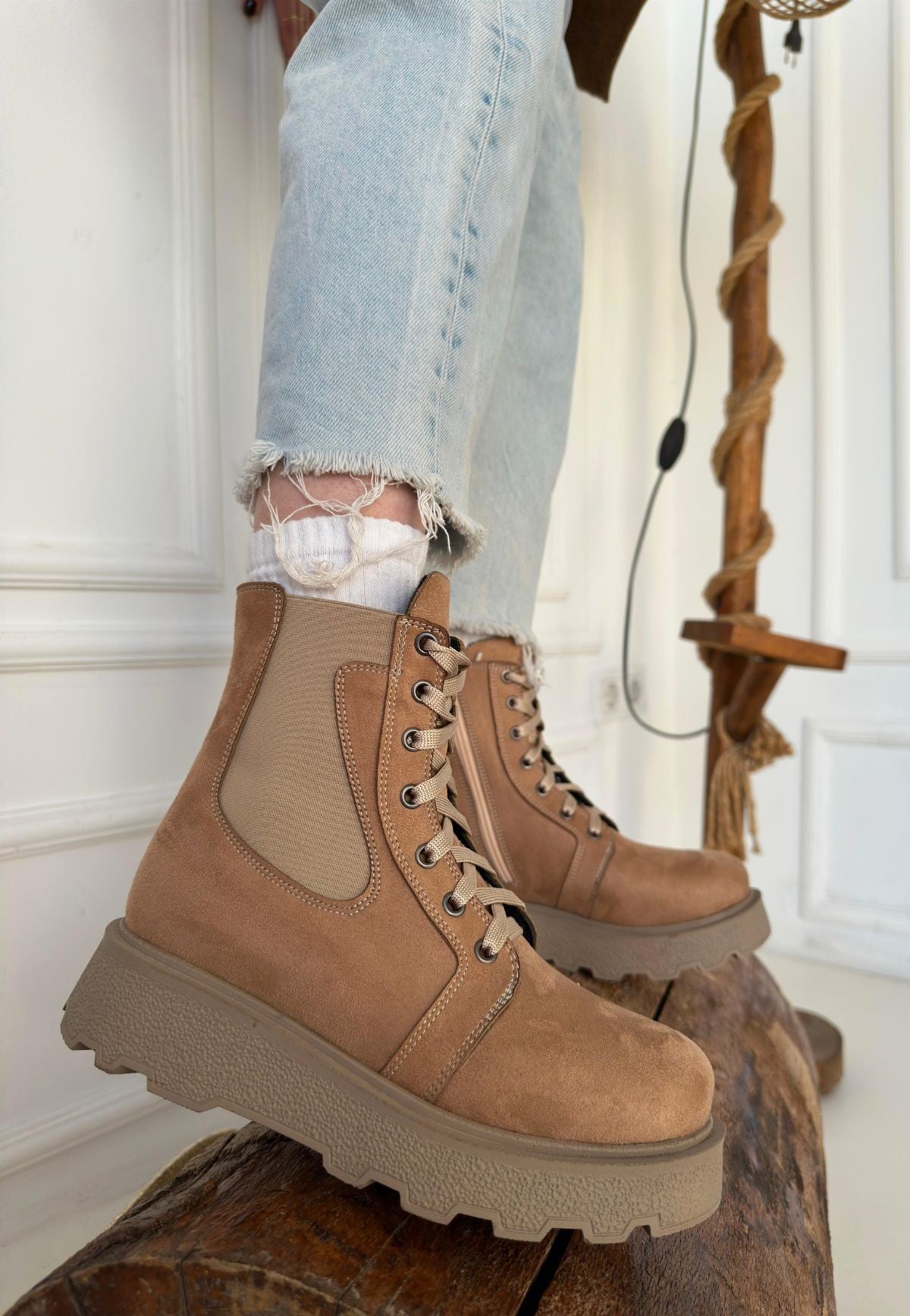 Women's Nude Suede Lace-Up Boots - STREETMODE ™