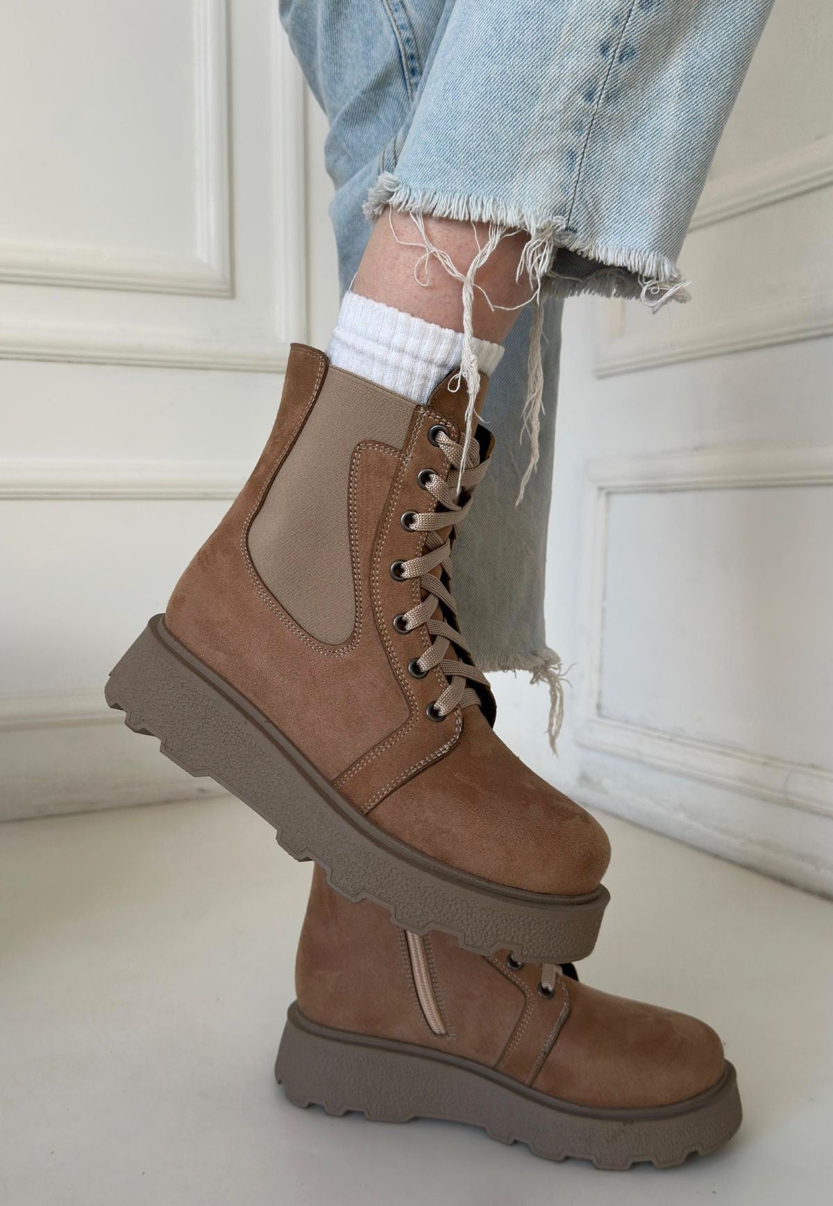 Women's Nude Suede Lace-Up Boots - STREETMODE ™