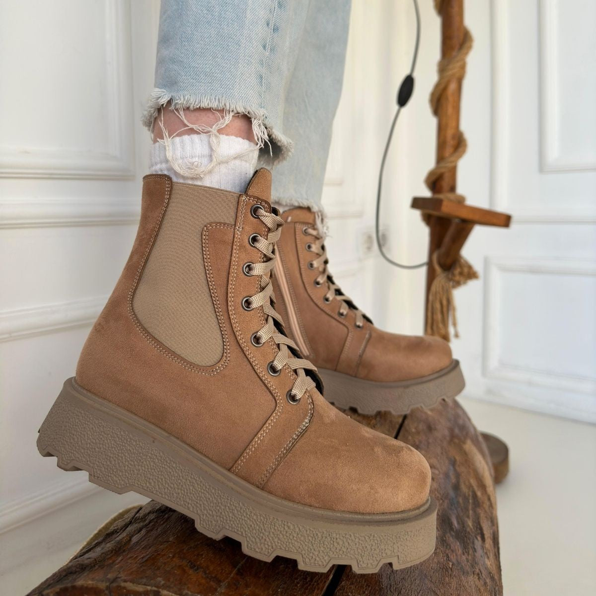 Women's Nude Suede Lace-Up Boots - STREETMODE ™