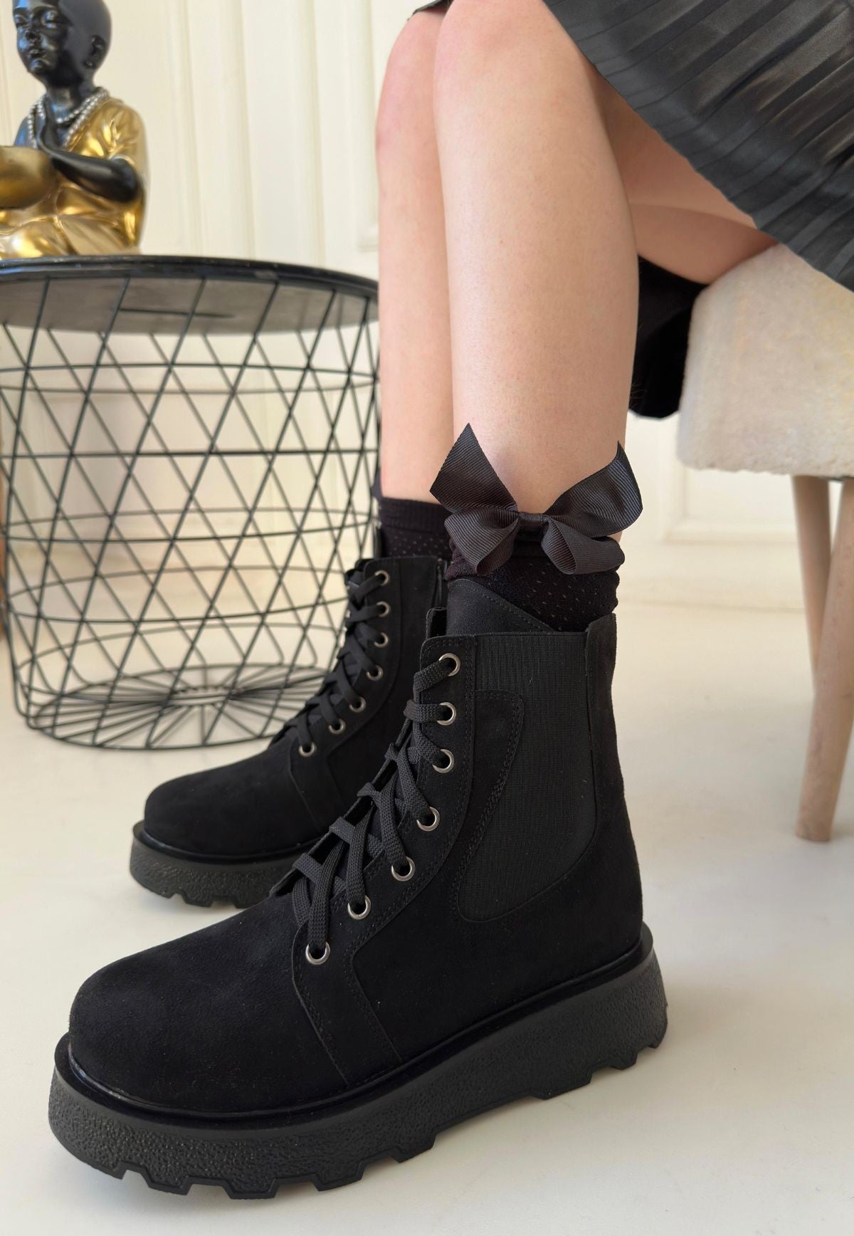 Women's Black Suede Lace-Up Boots - STREETMODE ™