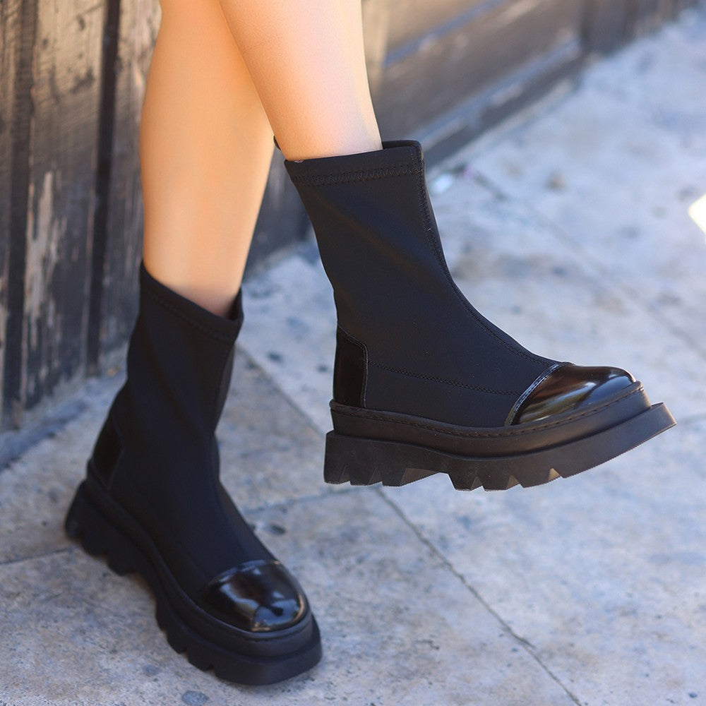 Women's Nite Black Patent Leather Detailed Stretch Boots - STREETMODE ™