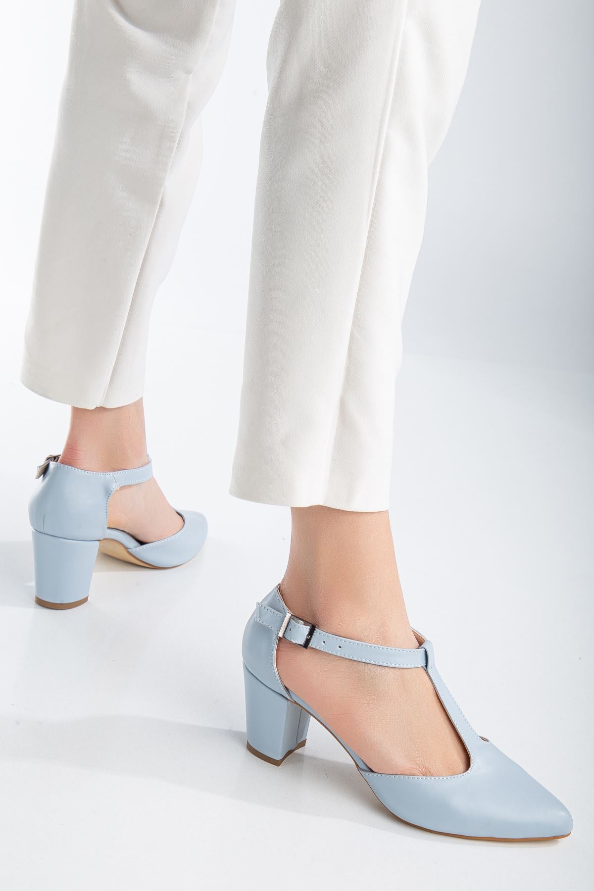 Niven Baby Blue Leather Heeled Women's Shoes - STREETMODE ™