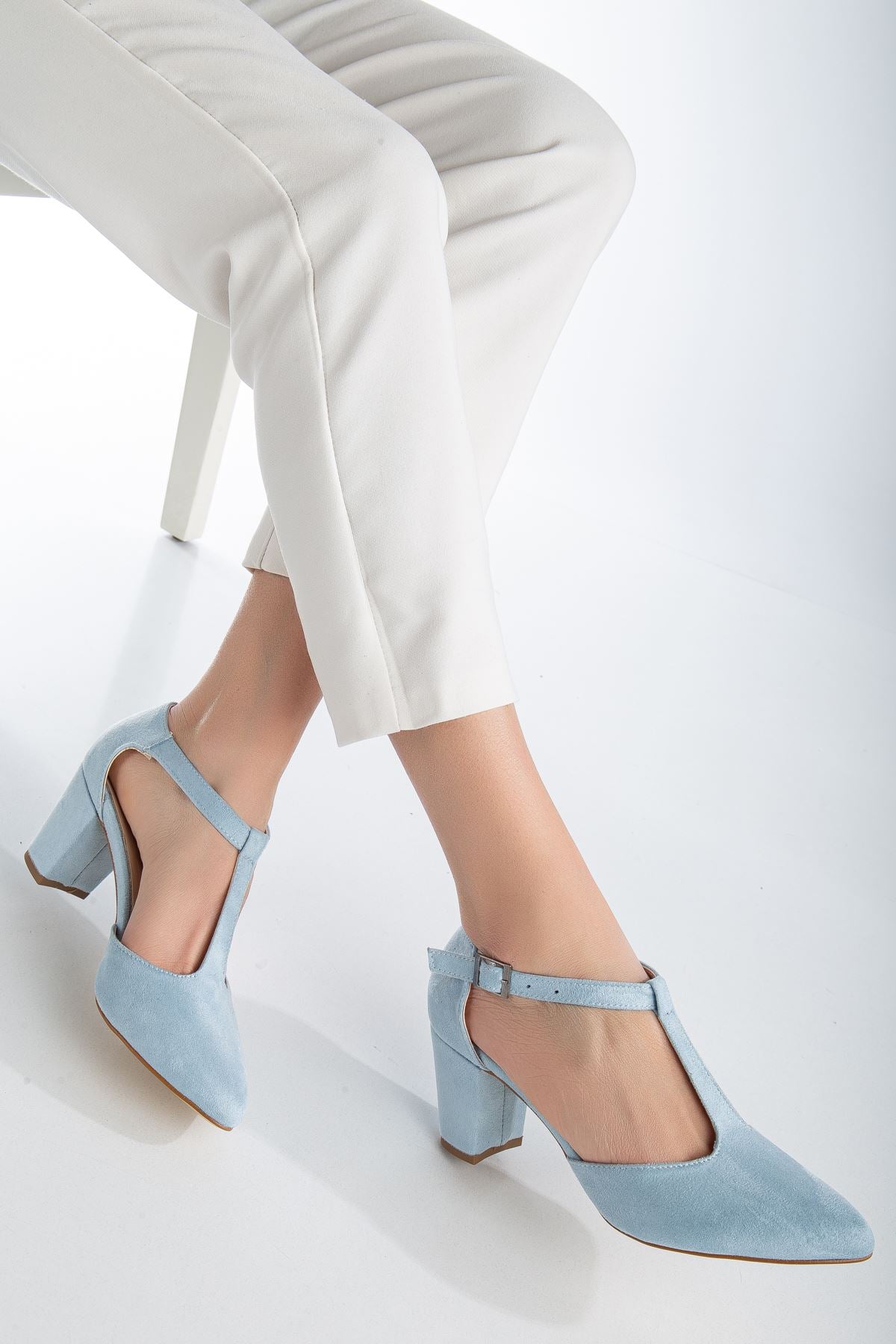 Baby Blue Suede Heeled Women's Shoes