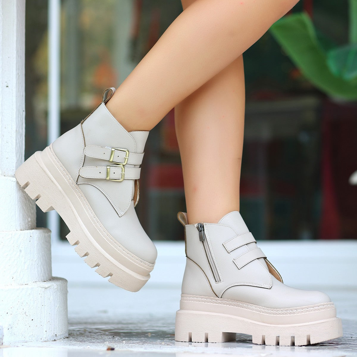 Women's Olga Beige Leather Belted Boots - STREETMODE ™