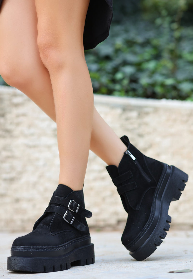 Women's Olga Black Suede Belted Boots - STREETMODE ™