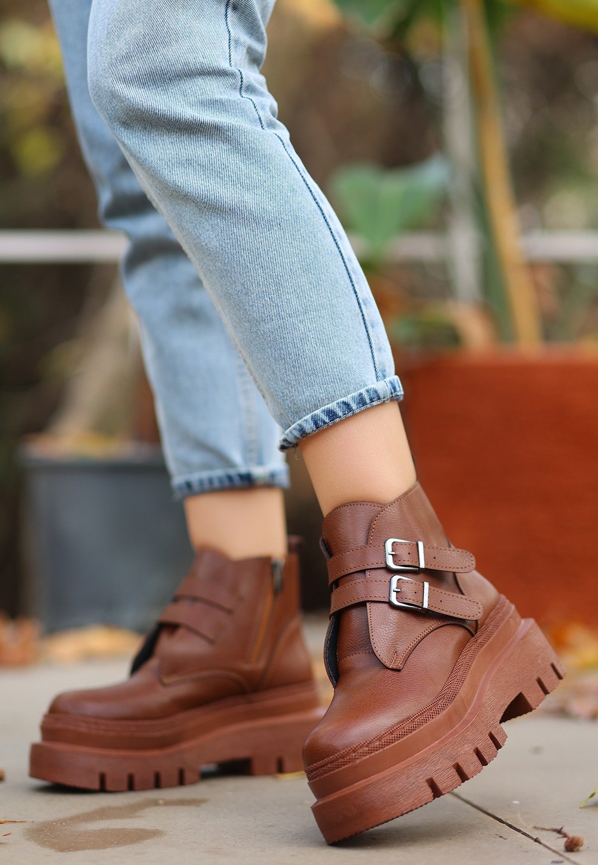 Women's Olga Tan Leather Belted Boots - STREETMODE ™