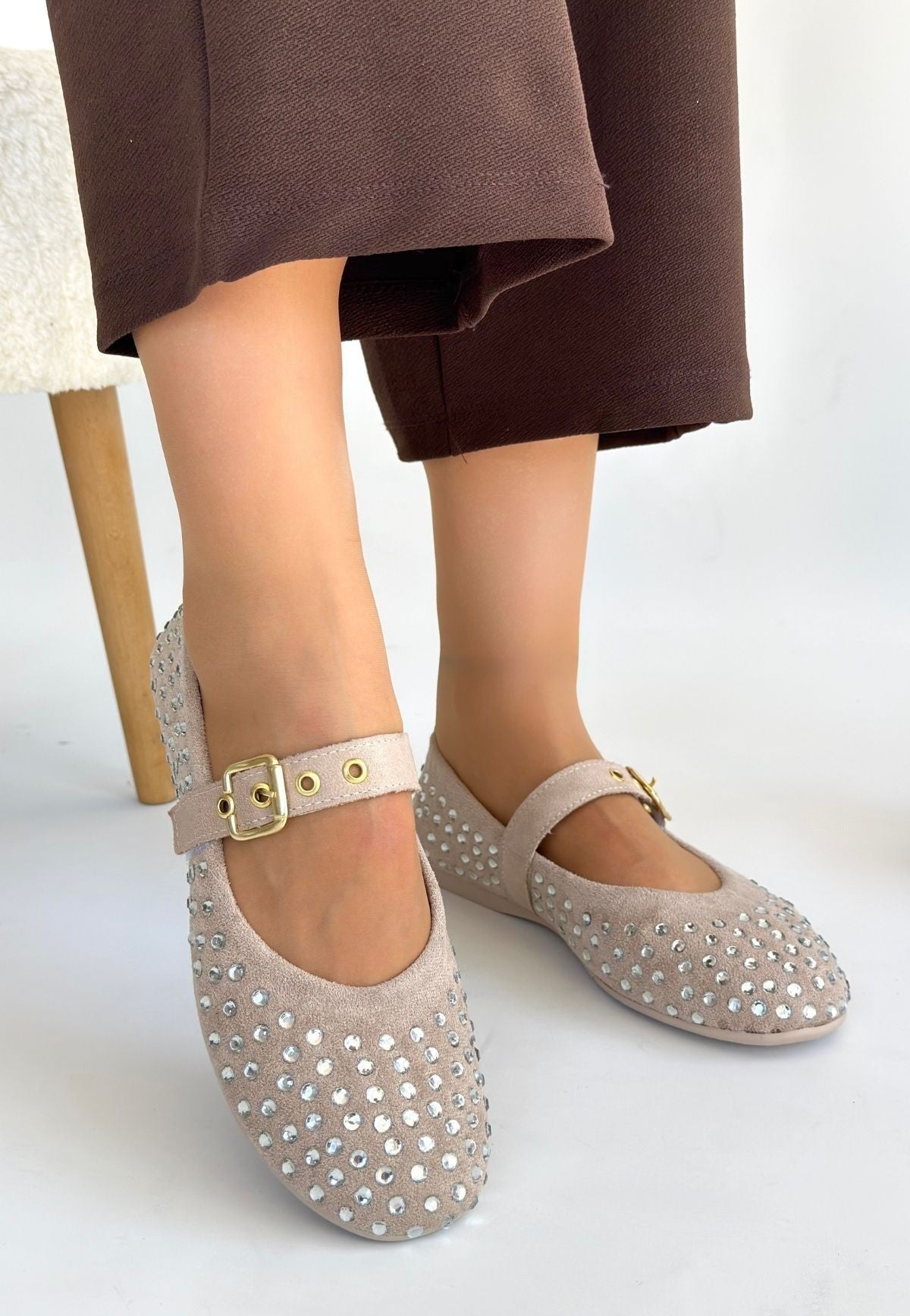 Women's Beige Beaded Ballerina Shoes - STREETMODE ™
