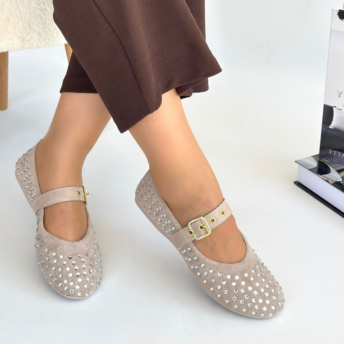 Women's Beige Beaded Ballerina Shoes - STREETMODE ™