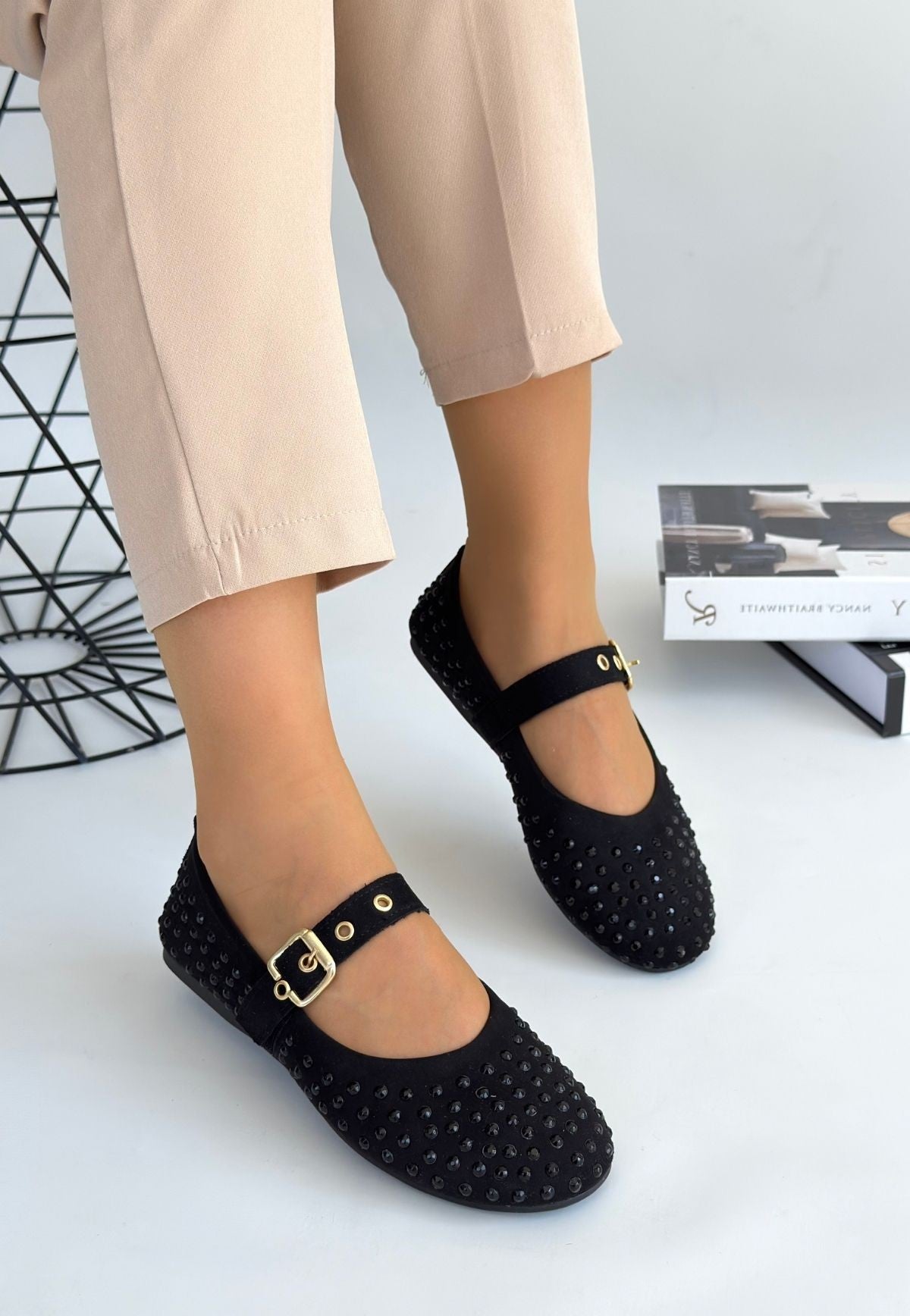 Women's Black Beaded Ballerina Shoes - STREETMODE ™