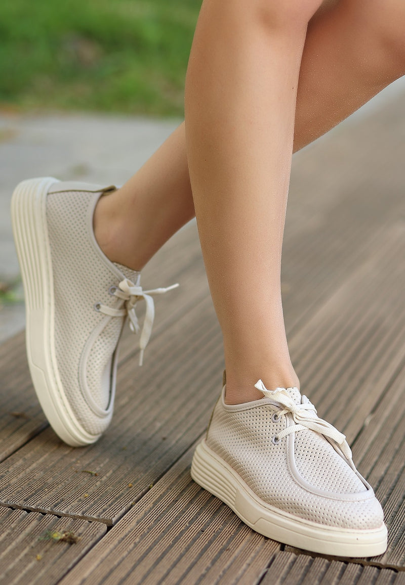 Women's Olse Beige Leather Laced Sports Shoes - STREETMODE ™