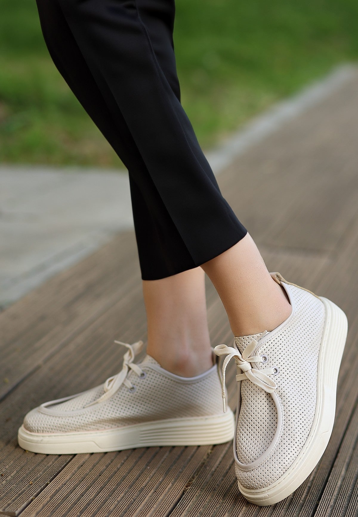 Women's Olse Beige Leather Laced Sports Shoes - STREETMODE ™