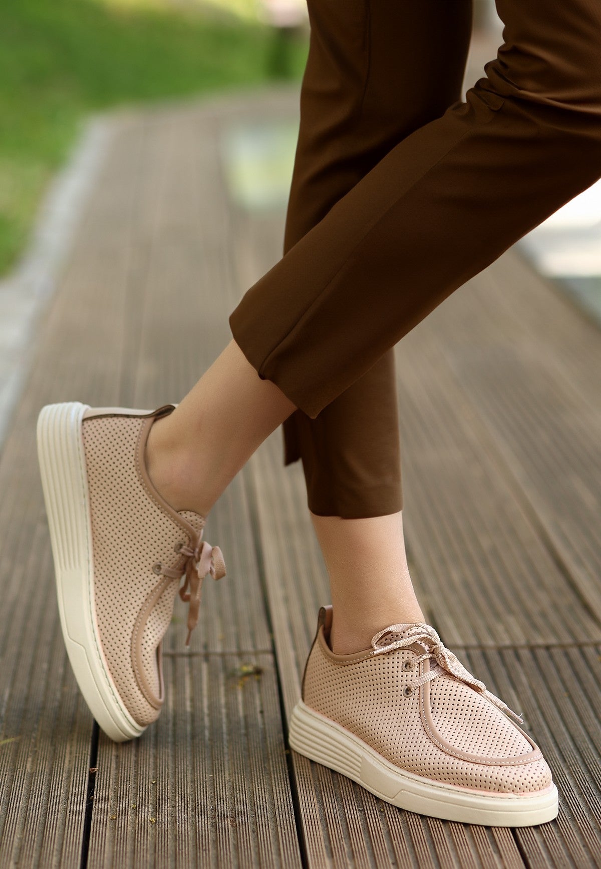 Women's Olse Nude Leather Laced Sports Shoes - STREETMODE ™
