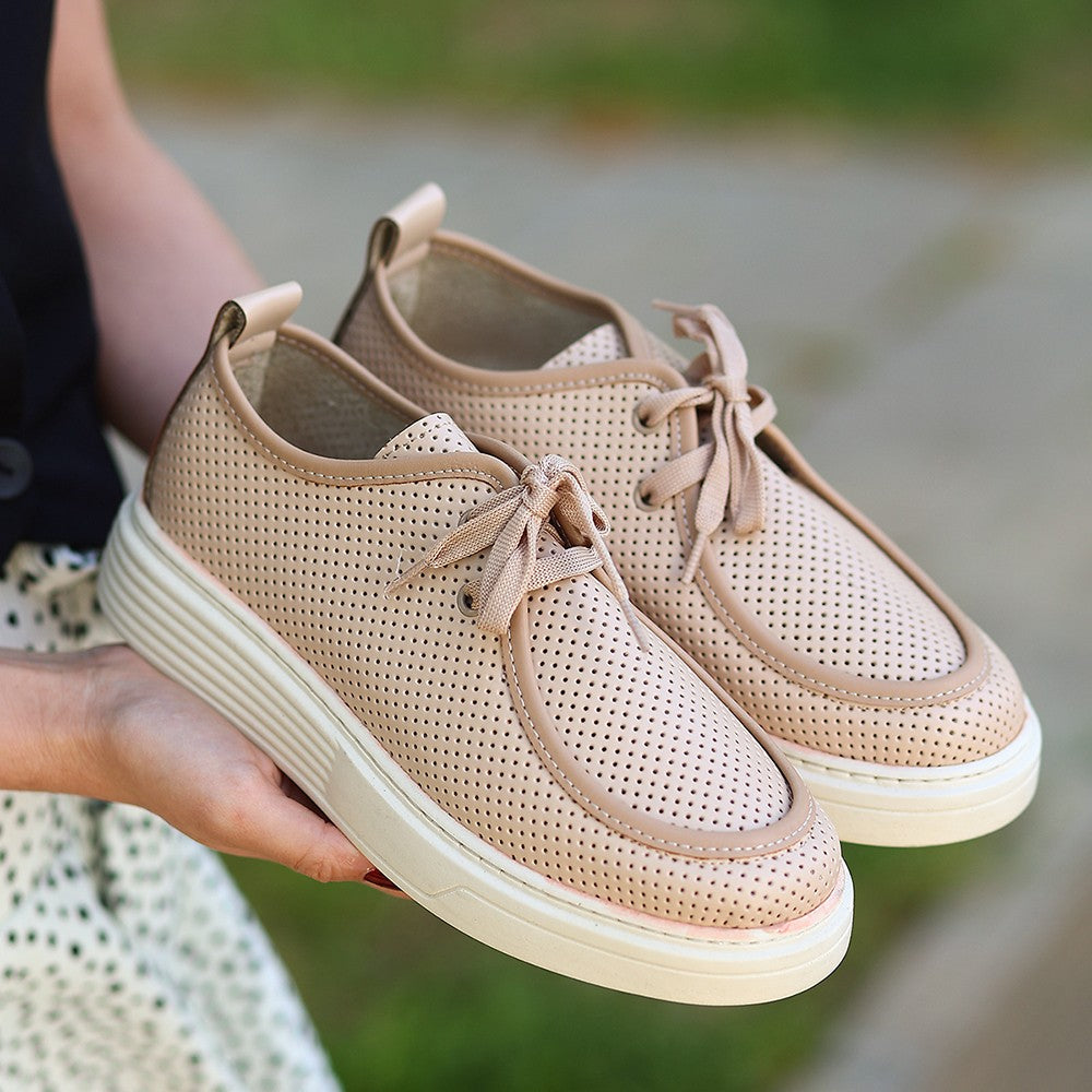 Women's Olse Nude Leather Laced Sports Shoes - STREETMODE ™