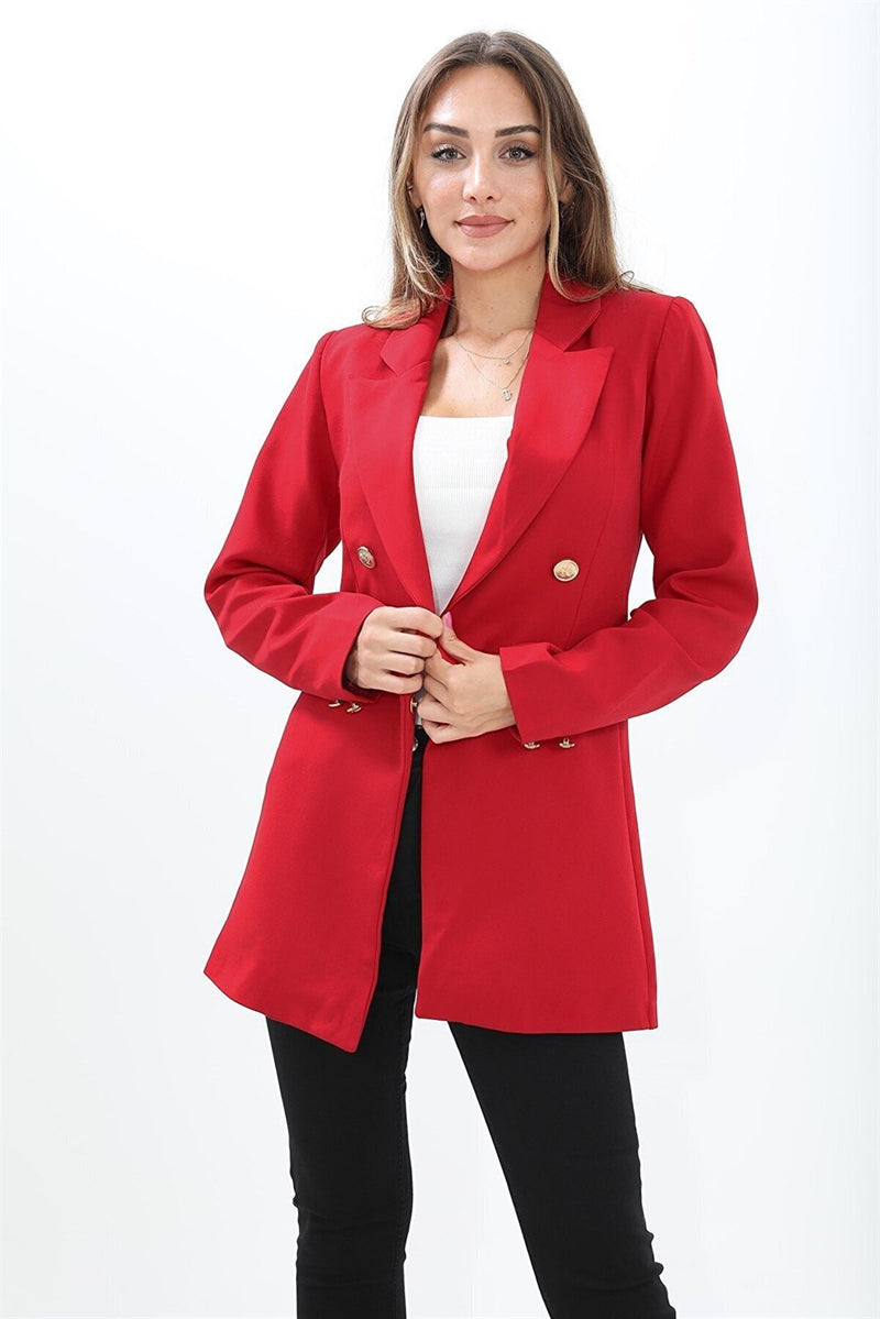 Padded Shoulders with Snap Fasteners on the Front - Women's Blazer Jacket - Red - STREETMODE ™