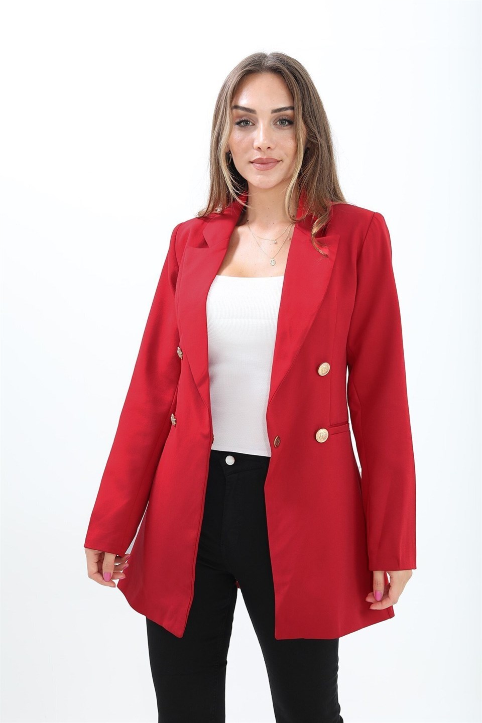 Padded Shoulders with Snap Fasteners on the Front - Women's Blazer Jacket - Red - STREETMODE ™