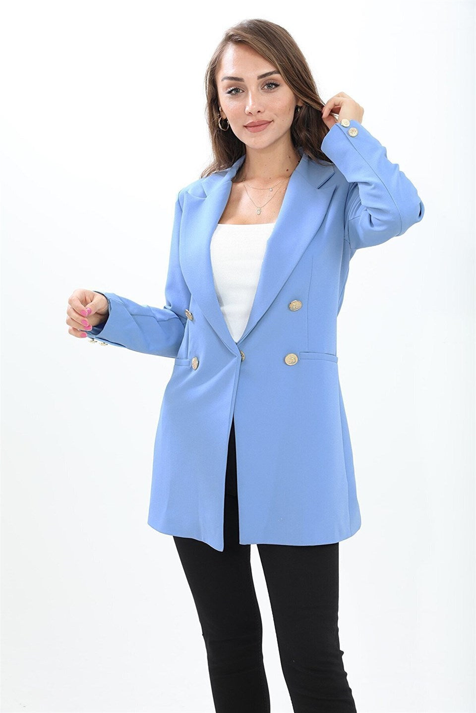 Padded Shoulders with Snap Fasteners on the Front - Women's Blazer Jacket - STREETMODE ™