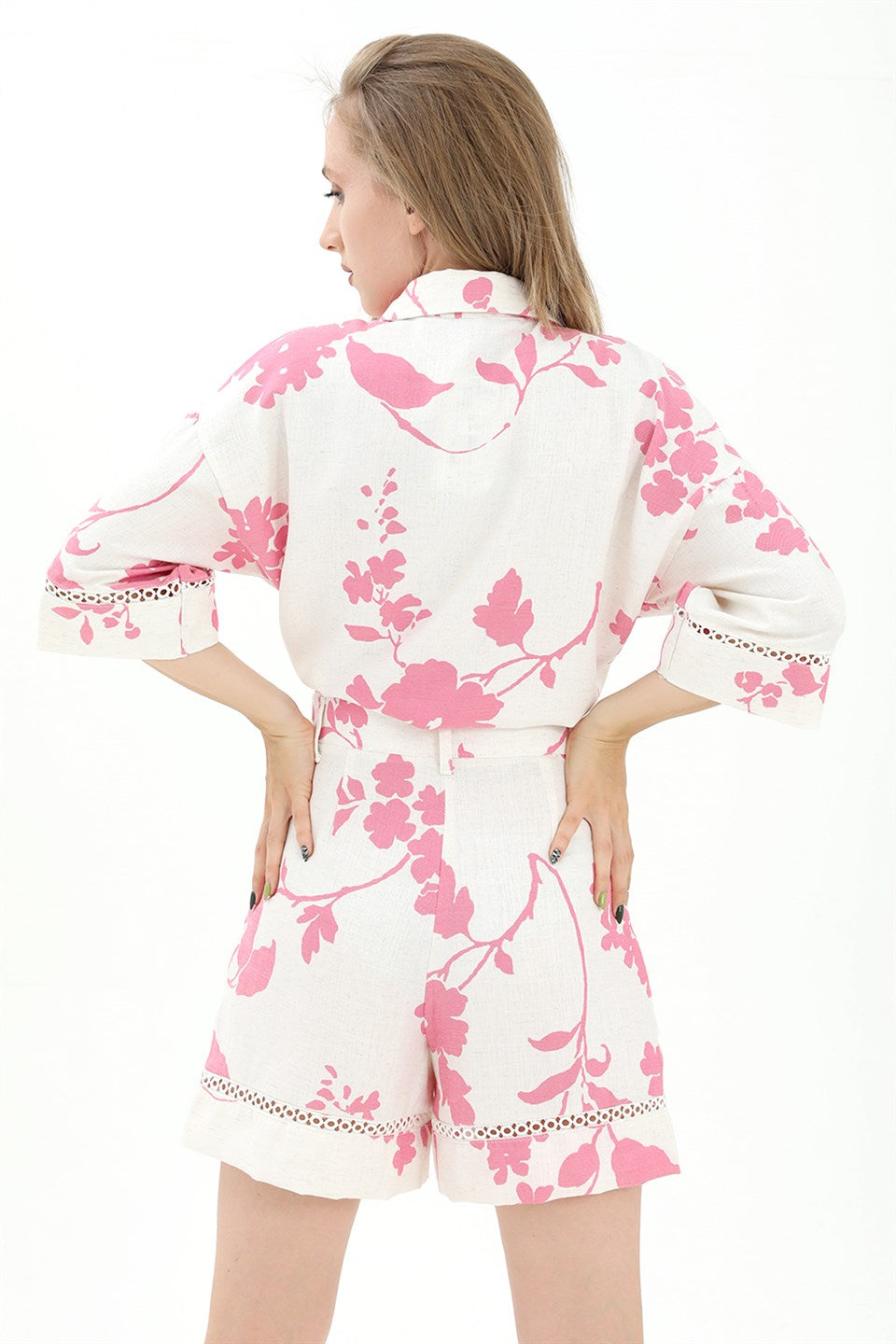 Women's Front Tie Lacy Linen Suit - Pink - STREET MODE ™