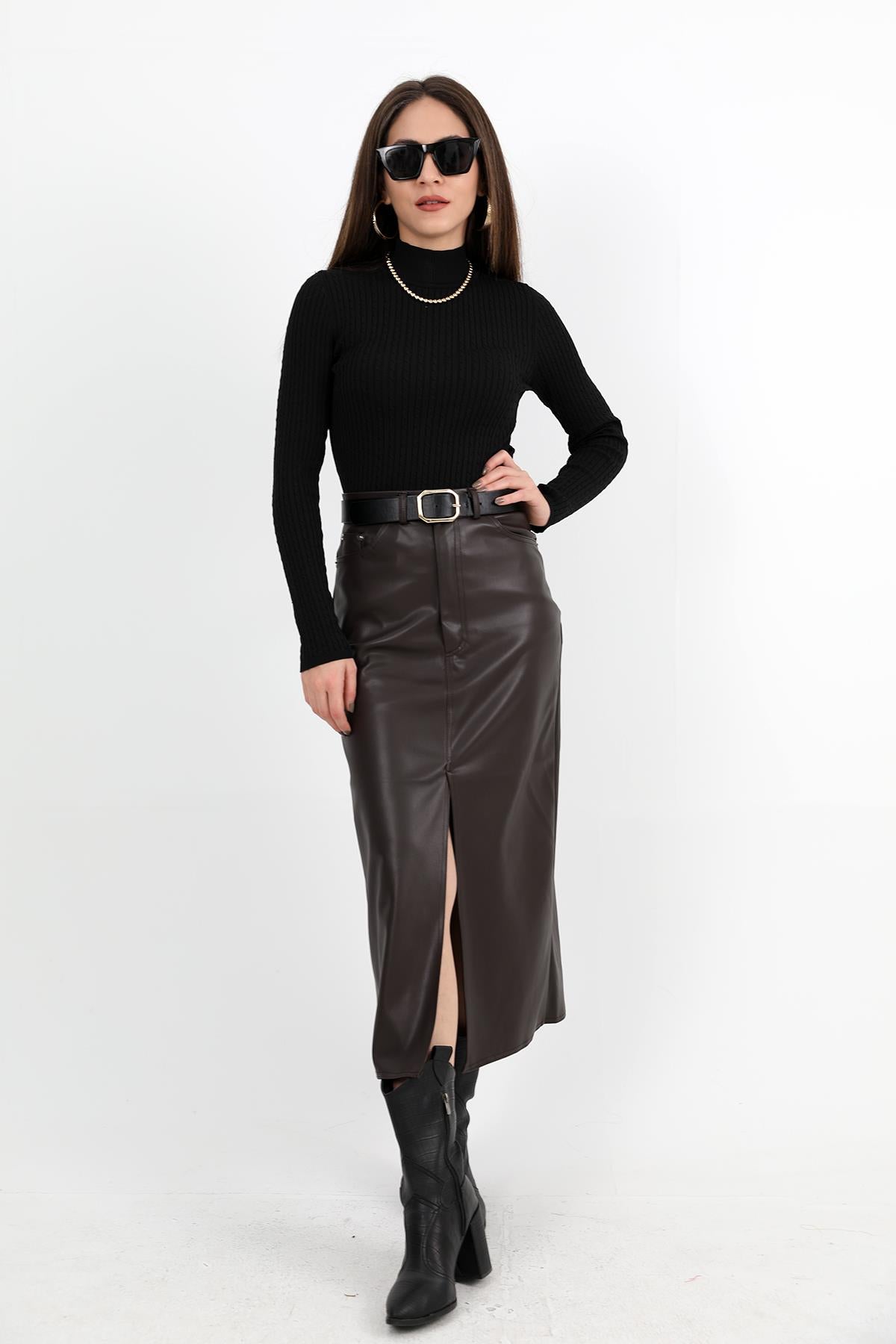 Women's Long Leather Skirt with Front Slit - Brown - STREETMODE ™