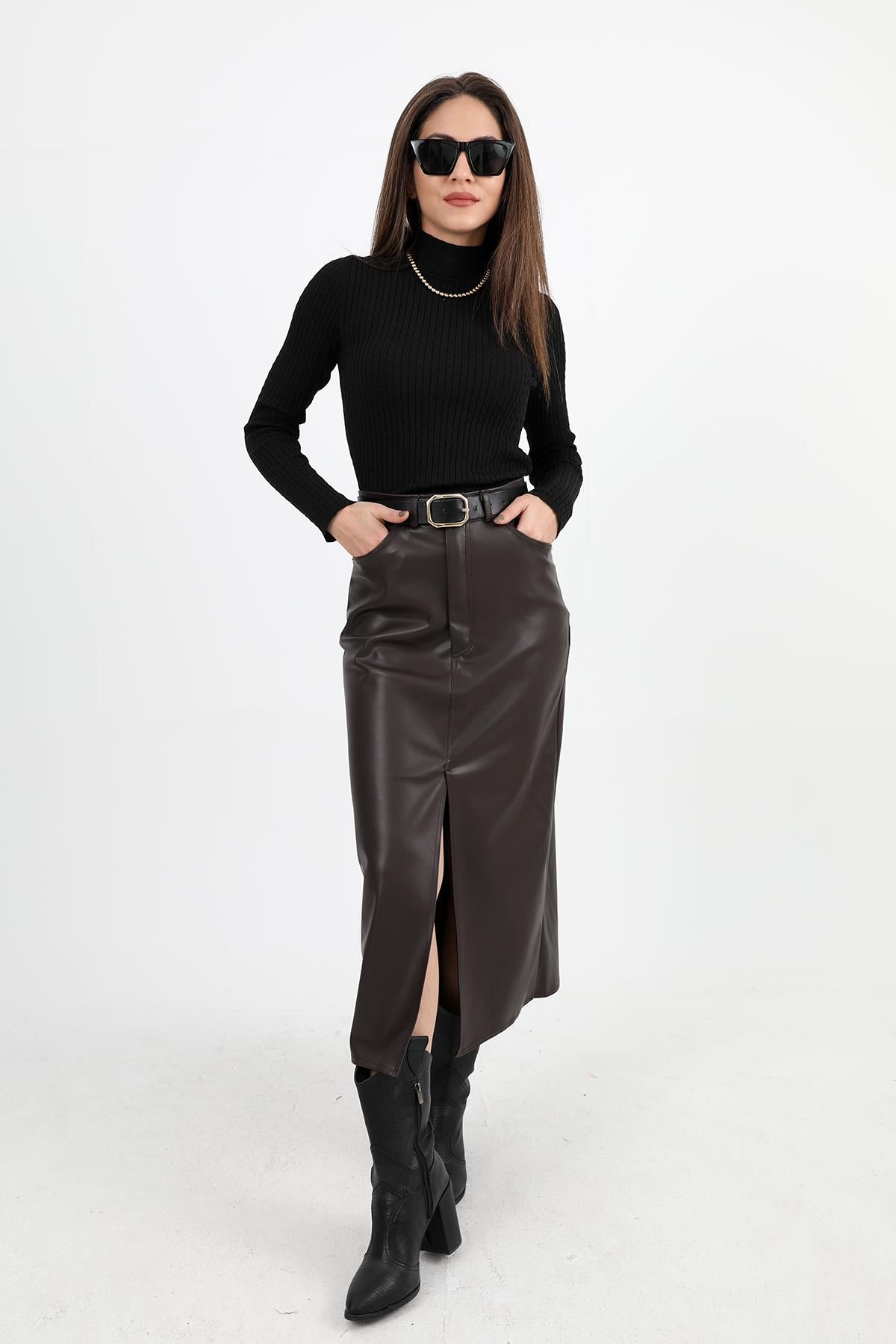 Women's Long Leather Skirt with Front Slit - Brown - STREETMODE ™