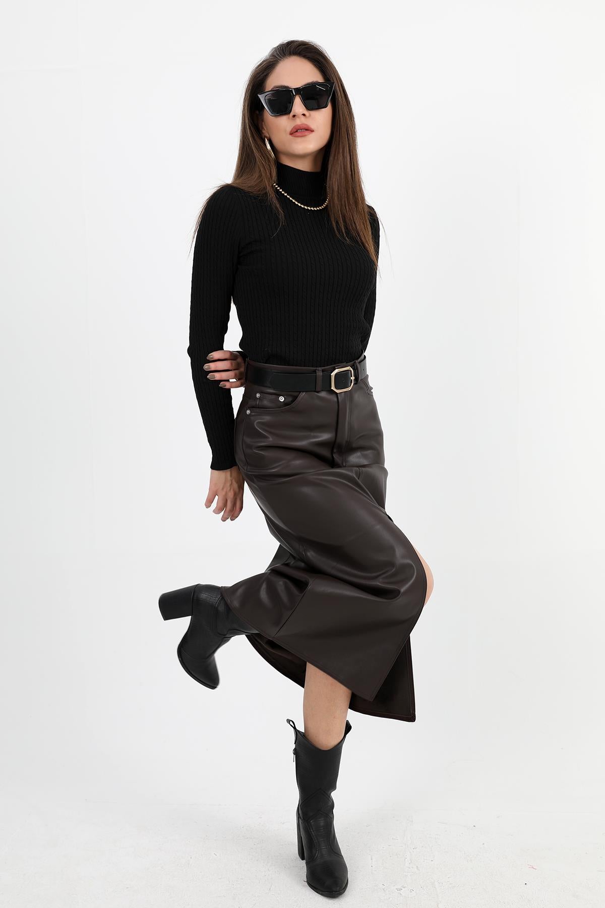 Women's Long Leather Skirt with Front Slit - Brown - STREETMODE ™