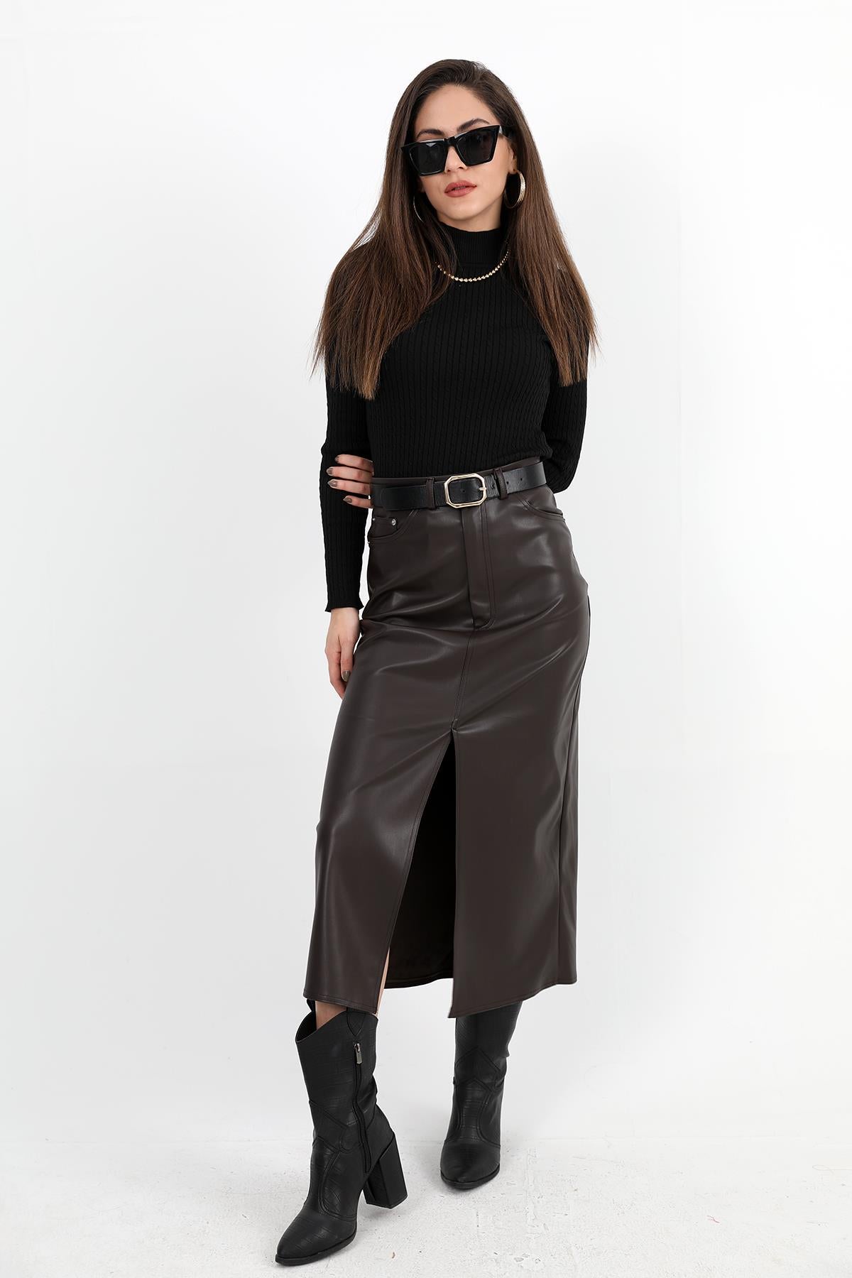 Women's Long Leather Skirt with Front Slit - Brown - STREETMODE ™