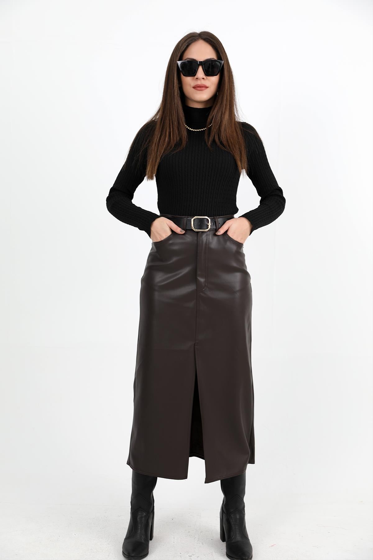 Women's Long Leather Skirt with Front Slit - Brown - STREETMODE ™