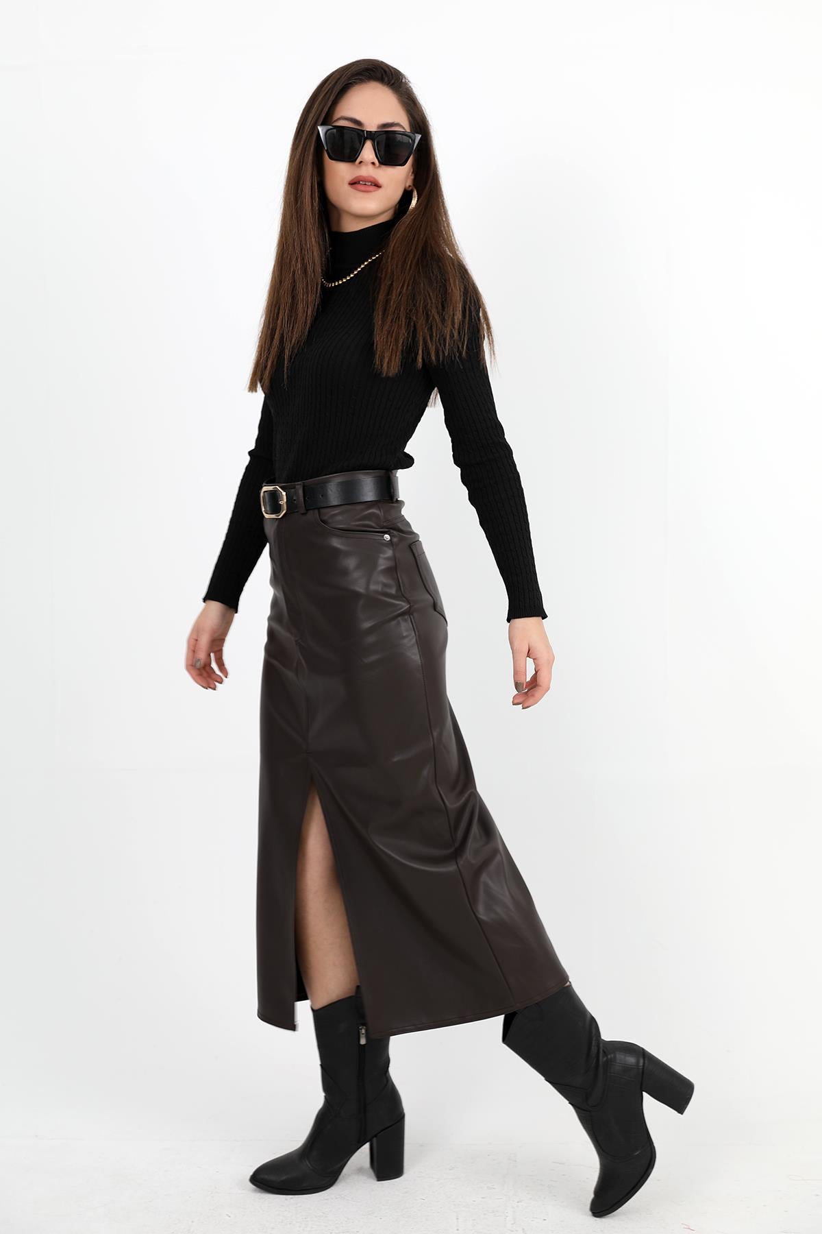 Women's Long Leather Skirt with Front Slit - Brown - STREETMODE ™